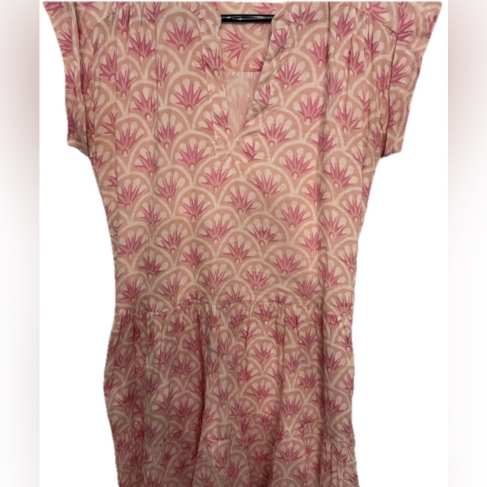 Oliphant Pink Cream Print Dress Size Small V Neck Resort Vacation Boho Coastal